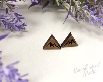 Triangle walnut wood post earrings with etched mountain design
