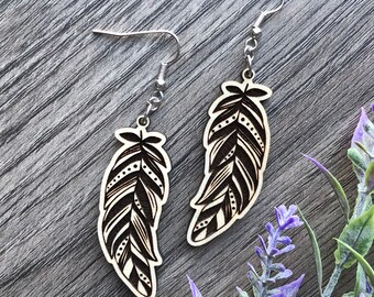Boho Tribal Themed Patterned Feather Wooden Earrings
