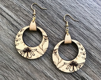 Wood Wildflower Earrings with Leather Accent