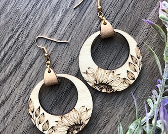 Wood Sunflower Earrings with Leather Accent