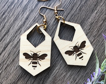 Laser Cut Honey Bee Wood Earrings