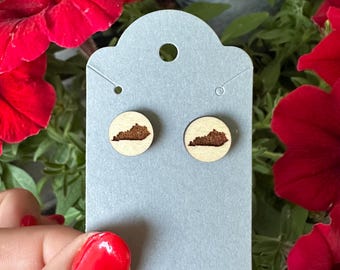 Maple wood post earrings with laser etched design of the state of Kentucky