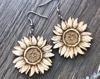 Sunflower Earrings - Maple wood earrings
