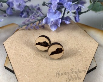 Maple wood post earrings with small etched state of Kentucky design