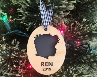 Personalized Silhouette Christmas Tree Ornament, Wood Holiday Decor, unique boy or girl profile with name and year, keepsake, gift ornament