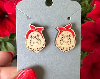 Maple wood post earrings with laser engraved chicken - hen in a red bandana