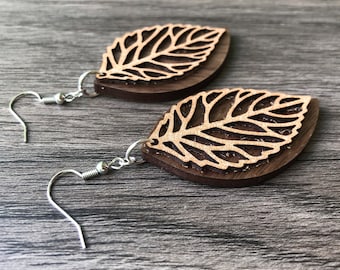 Wood and Leather Leaf Shaped Earrings