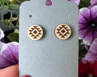 Round wood stud earrings - Tribal - Western - Southwest-Triangle Pattern