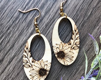 Laser Cut Wood Sunflower Earrings