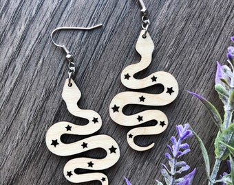 Wood Snake Earrings with Star Shapes