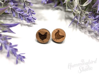 Walnut wood post earrings with small etched chicken design