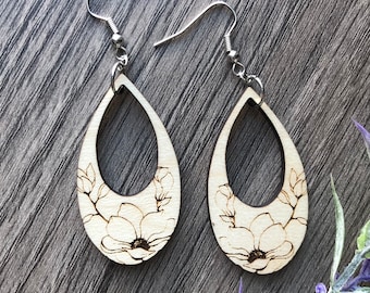 Wood Magnolia Teardrop Earrings