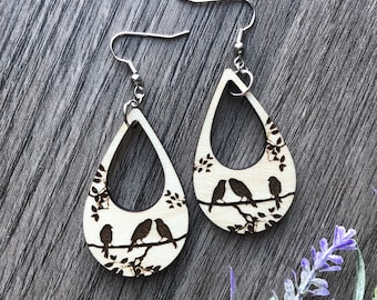 Wood Birds on a Limb Earrings