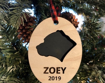 Personalized Silhouette Christmas Tree Ornament, Wood Holiday Decor, unique pet, dog or cat profile with name and year, keepsake, 1st year