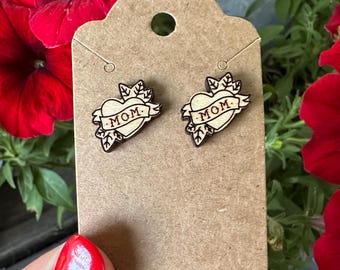 Mom heart tattoo vintage design earrings - wood studs