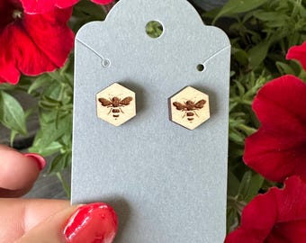 Hexagon Honeycomb Shaped Wood Stud Earrings, Laser Engraved Bee Design, Surgical Steel Posts