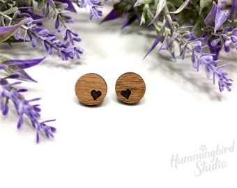 Walnut wood post earrings with small etched heart design