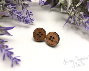 Round walnut wood post earrings with button design
