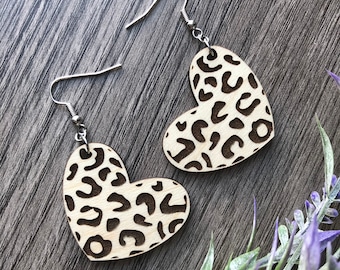 Leopard Print Heart Shaped Wood Earrings - Valentine’s Day Gift - Animal Print - Laser Cut Wood Earrings