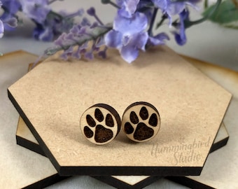 Maple wood post earrings with small etched Kentucky cat dog bear paw design