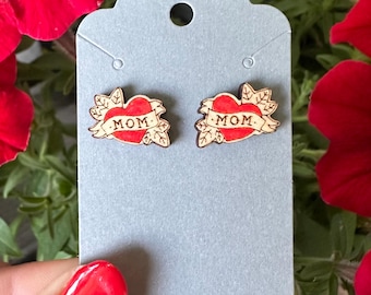Mom and red heart tattoo vintage design earrings - hand painted wood studs