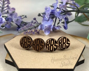 Wood post earrings personalized with etched monogram