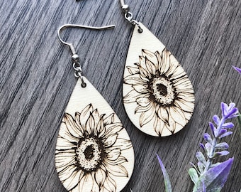 Laser Cut Wood Sunflower Earrings