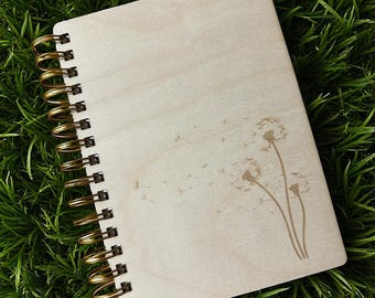 Wood Cover Journal - Blank Notebook - Dandelion Design