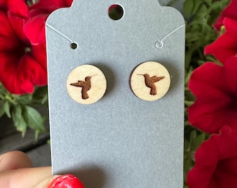 Round Wood Hummingbird Design Stud Earrings, Laser Engraved, Surgical Steel Posts