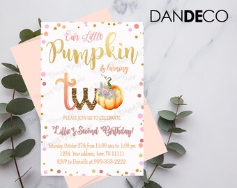 Pumpkin Two Birthday Invitation, Girls Second Birthday (Digital Invite)