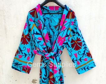 Kimono de trabajo Suzani, túnica bordada a mano, abrigo de cinturón de corbata multicolor, bata de baño, vestido de vestir, vestido de playa