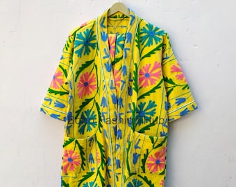Chaqueta Suzani Indian Handmade Long Kimono Robe, Mujer Frontal Vestido de envoltura abierta con cinturón de corbata, Chaqueta de bordado a mano Abrigo de casa larga Kimono