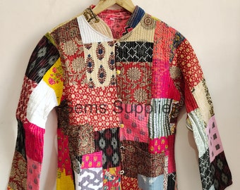 May include: A colorful patchwork quilted jacket with a mandarin collar and button closure. The jacket is made of various fabrics in shades of red, pink, yellow, blue, and green.