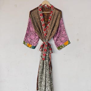 Indiase kimono, zijden kimono-gewaad, oude patchwork bikini bedekken, kamerjas, zwangerschapsjurk, zomerkleding, longwear badjas, SR-926