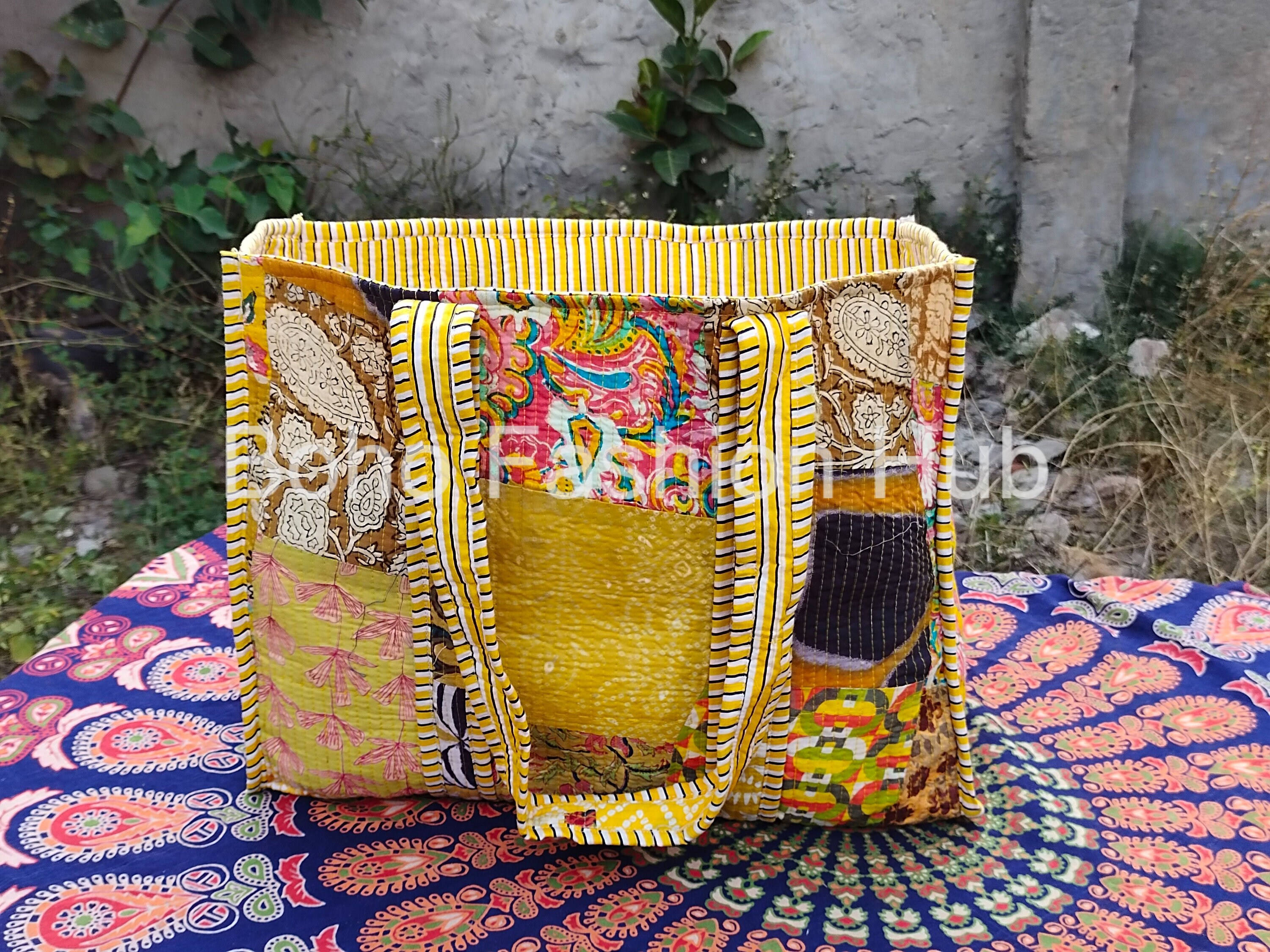 Blue - Handcrafted Jacquard Patch Canvas Cotton Shoulder Bag 21