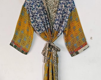 Summer Long Dress Silk Kimono, Recycled Silk Patchwork Kimono Robe, Women's Dressing Gown, Beach Cover Up Sari Kimono, Gifts for Her SR-831