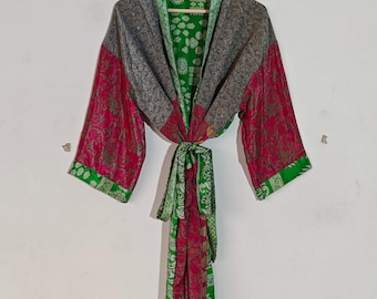 Long Silk Kimono, Boho Lounge Dress, Dessing Gown, Indian Recycled Patchwork Kimono, Plus Size Beach Cover Up Kimono, Silk Nightwear SR-740