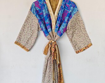Hippie Bohemian Patchwork Silk Kimono, Recycled Silk 3/4 Sleeve Dress, Beachwear Silk Bathrobe, Boho Lounge Dress, Bridesmaid Robe SR-766