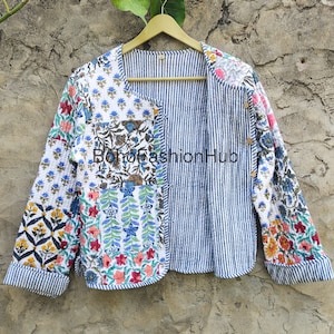 Floral White Patchwork Hand Stitched Kantha Short Jacket Coat Indian Handmade Quilted Patchwork Party Wear Gift For Christmas Sale