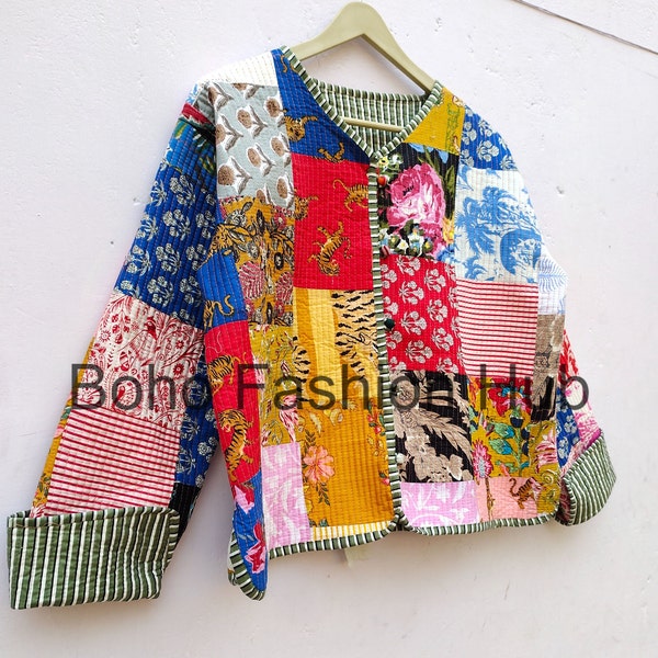 Handmade Multi Patchwork Jacket, Hand Stitched Silk Patchwork Jacket, Silk Sari Kantha Coat, Short Jacket