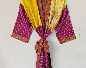 Beachwear Silk Bathrobe, Hippie Bohemian Patchwork Silk Kimono, Recycled Silk 3/4 Sleeve Dress, Boho Lounge Dress, Bridesmaid Robe SR-821