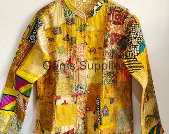 Indische Kurze Patola Assorted Yellow Sari Patchwork Jacke Handgemachte Damen Kantha Jacke Handgesteppt Reversible Kantha Jacke Hippie Mantel