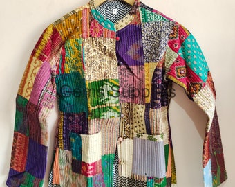 Indische Sari Patchwork Jacke, Steppjacke, Handgefertigte Damen Kantha Jacke Wendejacke Kantha, Winterjacke Kimono, Mantel