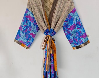 Old Beautiful Silk Sari Kimono Robe, Dressing Gown, Vintage Kimono, Bridal Robe, Boho Kimono, Loungewear Patchwork Robe Gift For Her, SR-790