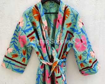 Chaqueta Suzani Indian Handmade Long Kimono Robe, Mujer Frontal Vestido de envoltura abierta con cinturón de corbata, Chaqueta de bordado a mano Abrigo de casa larga Kimono
