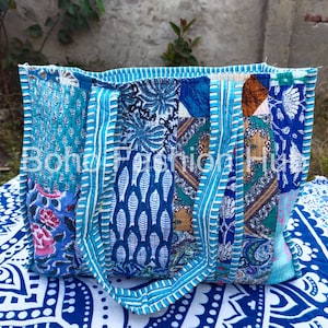 Quilted Cotton Handprinted Reversible Turqouise Pansy Garden Tote Bag Eco friendly Sustainable Sturdy Grocery Shopping Handmade Artist Boho