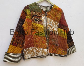 Hand Quilted Reversible Kantha Jacket, Hippie Coat Indian Cotton Patchwork Design Reversible Jacket Handmade Women's Kantha Jacket