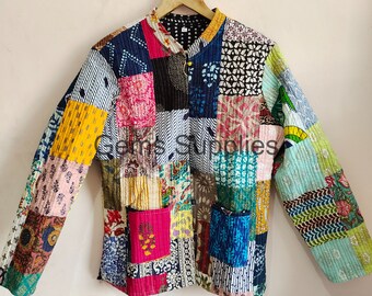 Indische Sari Patchwork Jacke, Steppjacke, Handgemachte Damen Kantha Jacke, Wende Kantha Jacke, Winterjacke Kimono, Damenmantel