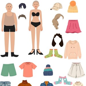 May include: Illustration of two paper dolls with various clothing and accessories. Includes shorts, jeans, sweaters, jackets, hats, scarves, socks, shoes, and a skirt. The image has a light background and a playful, cartoonish style.