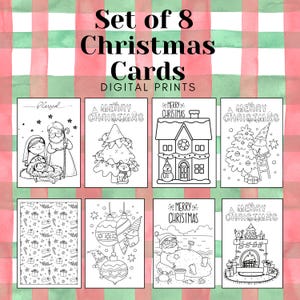 May include: Set of eight black and white printable Christmas cards. The cards feature various Christmas themes, including a nativity scene, a Christmas tree, a house, a snowman, a Santa Claus, and a fireplace.